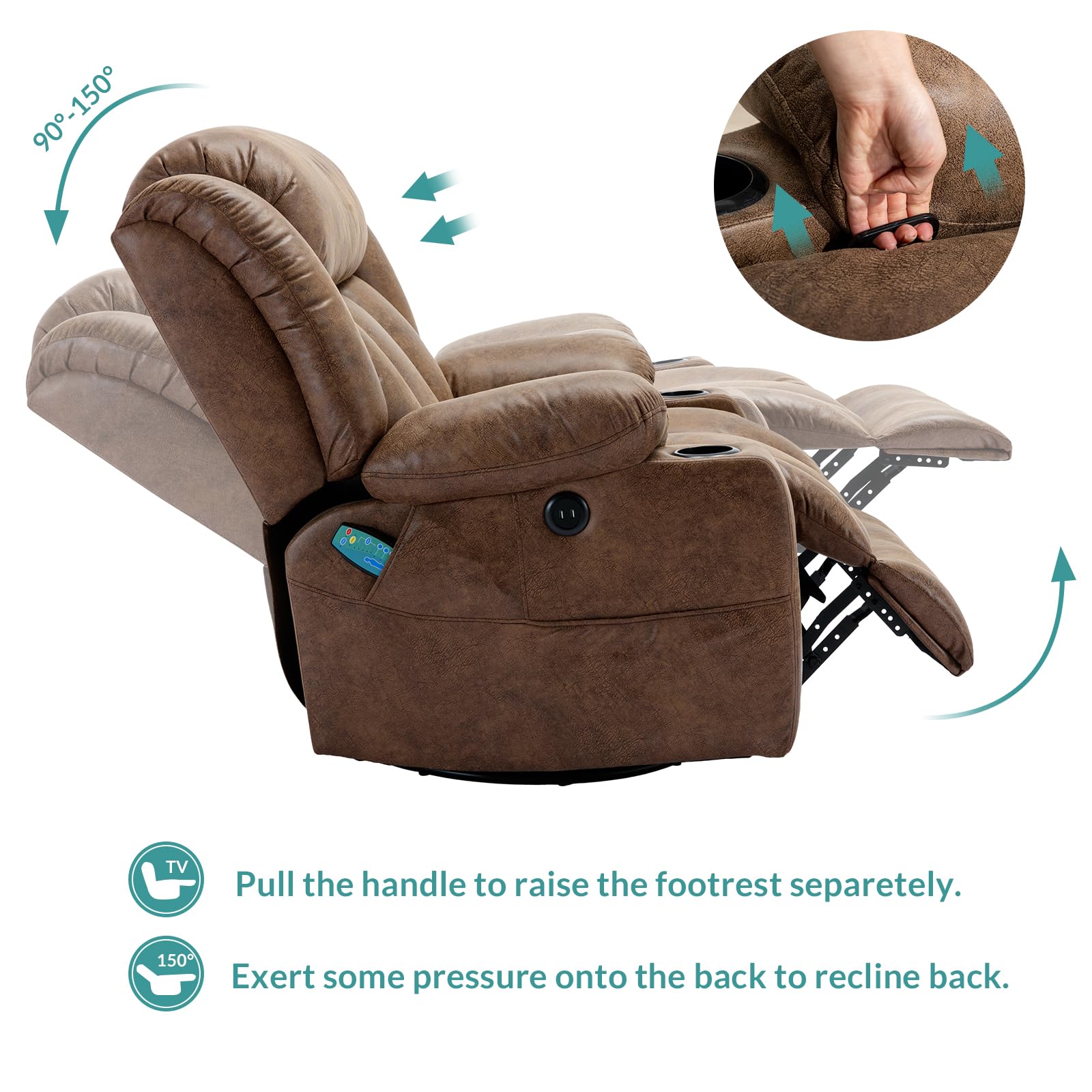 MEETWARM Massage Swivel Rocker Recliner with Heat and Vibration, Manual Glider Rocking Recliner Chair, 360°Swivel Lounge Reclining Chair with USB Ports/Cup Holder/Remote Control(Brown)