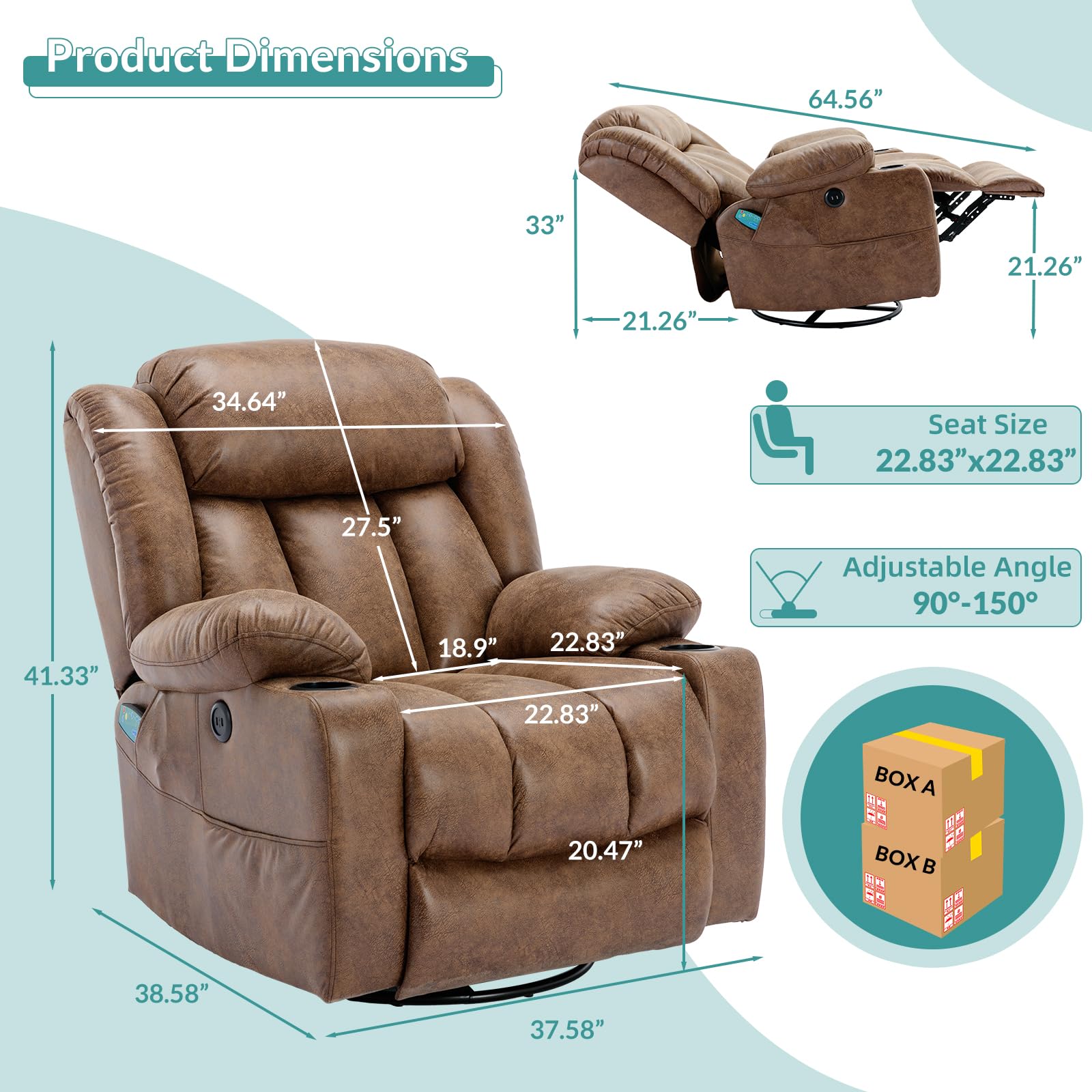 MEETWARM Massage Swivel Rocker Recliner with Heat and Vibration, Manual Glider Rocking Recliner Chair, 360°Swivel Lounge Reclining Chair with USB Ports/Cup Holder/Remote Control(Brown)