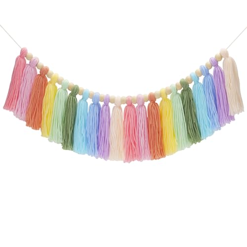 Anwyll Tassel Garland,Pastel Rainbow Tassel Garland,Boho Colorful Tassel Garland Party Decor,Home Decor Tassel with Wood Bead,Birthday Party Garland for Christmas,home Classroom,Wall Hanging Decor