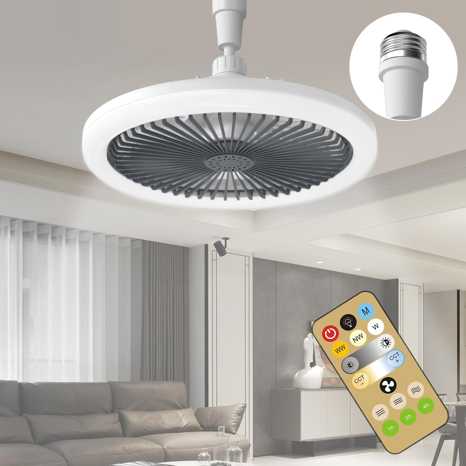 Ceiling Fan with Light and Remote - 10 inch Low Profile Socket Fan E27 Enclosed Bladeless Screw in Ceiling Fan with 3 Color Adjustable Temperature Small Modern Fandelier Ceiling Fan for Indoor (Grey)