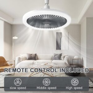 Ceiling Fan with Light and Remote - 10 inch Low Profile Socket Fan E27 Enclosed Bladeless Screw in Ceiling Fan with 3 Color Adjustable Temperature Small Modern Fandelier Ceiling Fan for Indoor (Grey)