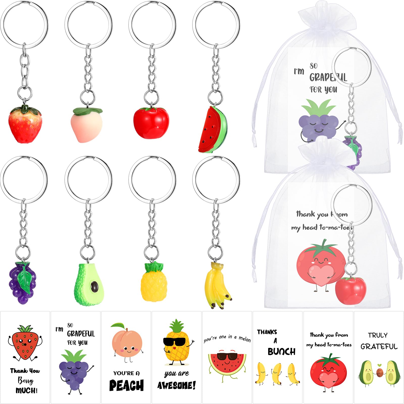 Remuuly 48 Sets First Day of School Gifts Funny Fruit Pun Cards Cute Fruit Keychains Thank You Cards with Bags for Staff Teacher Coworker Employee Friends