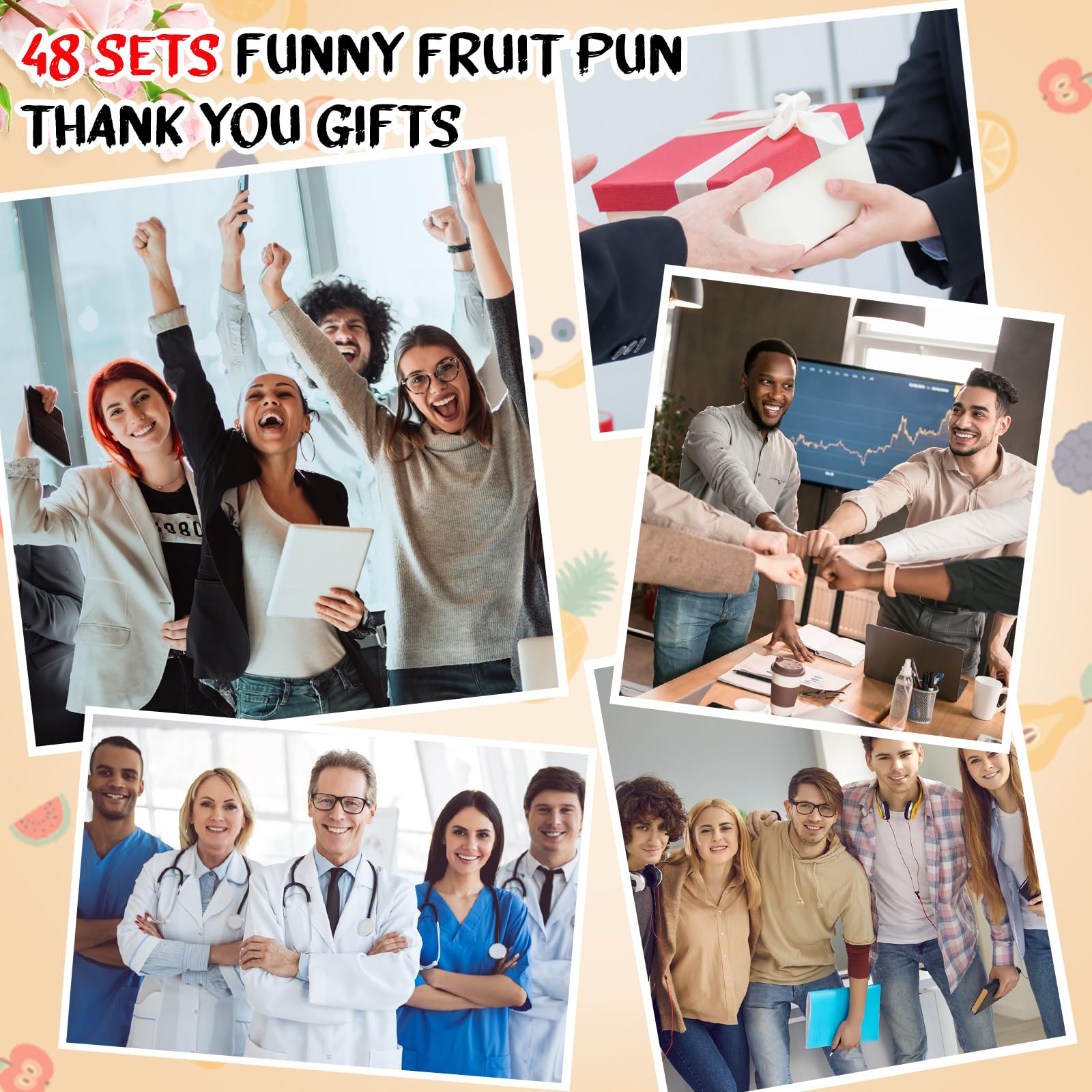 Remuuly 48 Sets First Day of School Gifts Funny Fruit Pun Cards Cute Fruit Keychains Thank You Cards with Bags for Staff Teacher Coworker Employee Friends