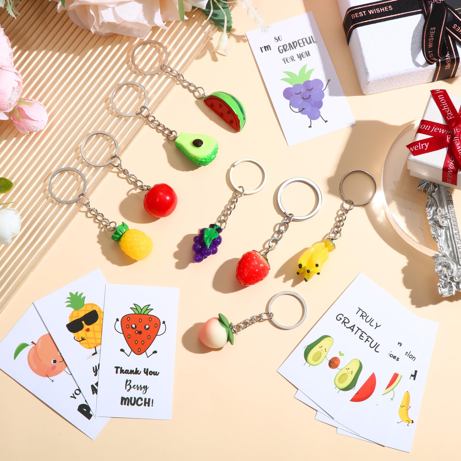 Remuuly 48 Sets First Day of School Gifts Funny Fruit Pun Cards Cute Fruit Keychains Thank You Cards with Bags for Staff Teacher Coworker Employee Friends