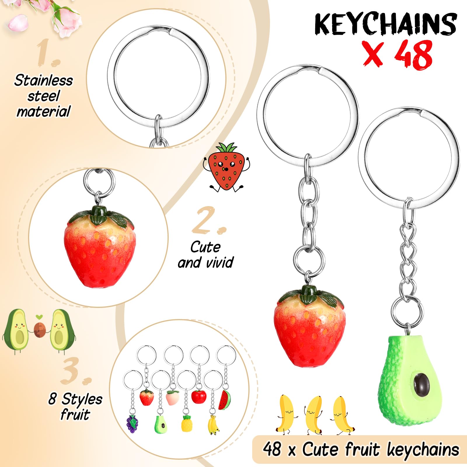 Remuuly 48 Sets First Day of School Gifts Funny Fruit Pun Cards Cute Fruit Keychains Thank You Cards with Bags for Staff Teacher Coworker Employee Friends