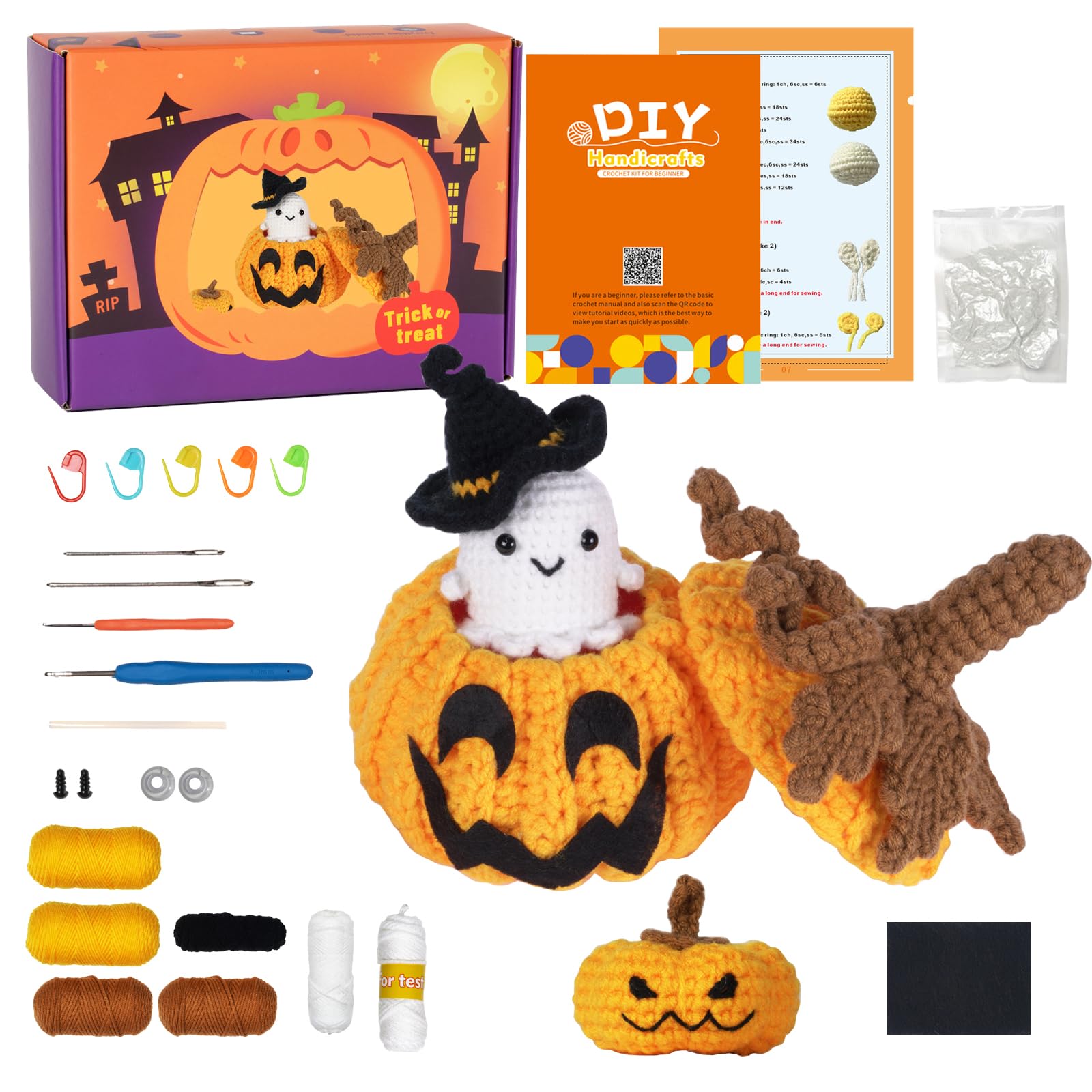 Anowpo Crochet Kit for Beginners，Halloween Pumpkin Animal Candy Bag Case Crochet Set DIY Gift for Starters Adult Kids Instruction and Step-by-Step Video Tutorials (Pumpkin Candy Bag)