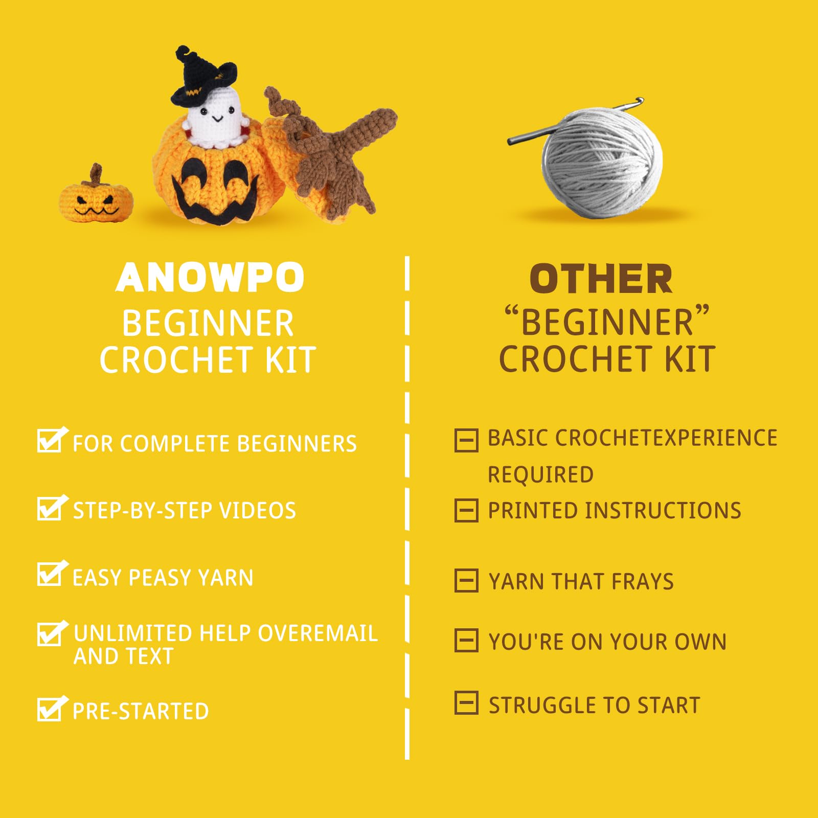 Anowpo Crochet Kit for Beginners，Halloween Pumpkin Animal Candy Bag Case Crochet Set DIY Gift for Starters Adult Kids Instruction and Step-by-Step Video Tutorials (Pumpkin Candy Bag)