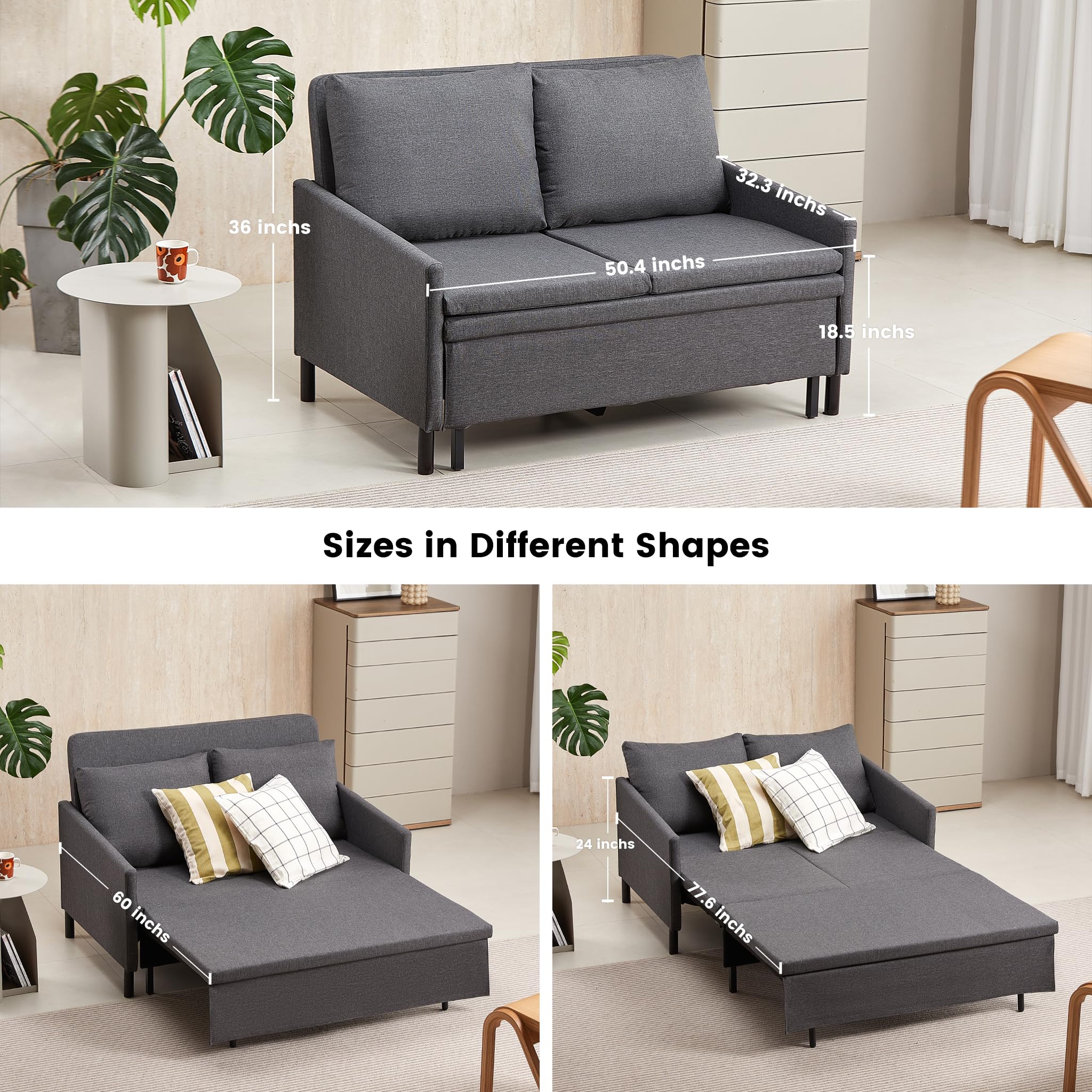 XSPRACER 3-in-1 Convertible Sleeper Loveseat Sofa Couch with Pullout Bed and Storage for Living Room, Bedroom, Balcony, RV, Dark Gray