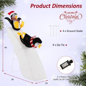 Tangkula 4 FT Lighted Christmas Penguin Slide Scene Decoration, 2 Sliding Penguins & Snowy Slide, Pre-Lit Christmas Penguin & Slide with LED Lights, Stakes, Indoor Outdoor Yard Decor