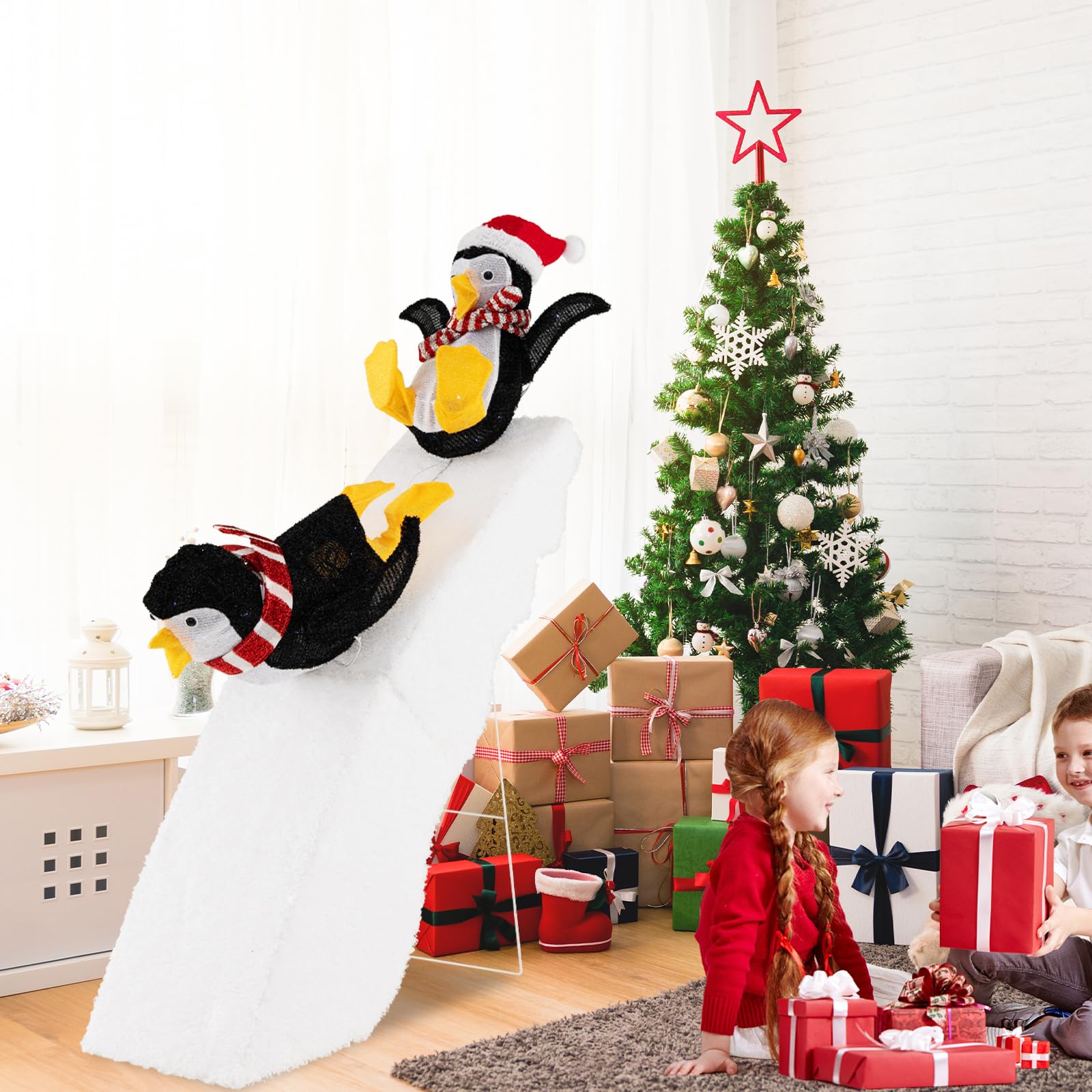 Tangkula 4 FT Lighted Christmas Penguin Slide Scene Decoration, 2 Sliding Penguins & Snowy Slide, Pre-Lit Christmas Penguin & Slide with LED Lights, Stakes, Indoor Outdoor Yard Decor