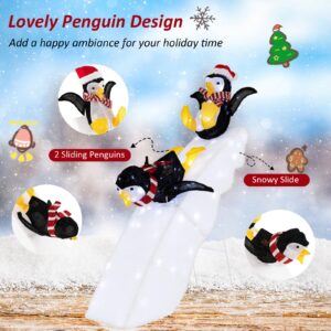 Tangkula 4 FT Lighted Christmas Penguin Slide Scene Decoration, 2 Sliding Penguins & Snowy Slide, Pre-Lit Christmas Penguin & Slide with LED Lights, Stakes, Indoor Outdoor Yard Decor