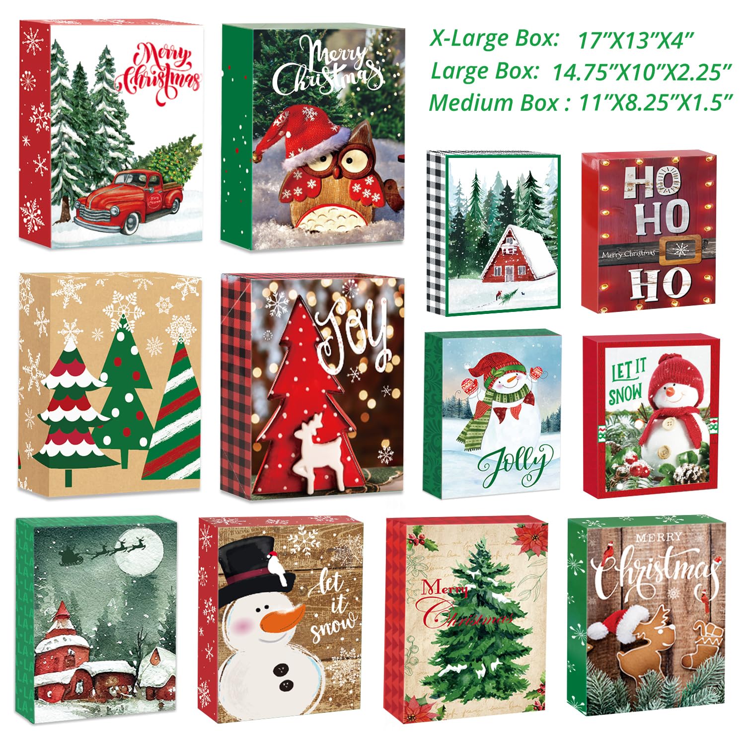 12 Christmas Gift Wrap Boxes Bulk with Lids for Wrapping Extra Large Clothes,12 tissue paper and 80 Christmas Stickers(Assorted size for Shirts, Robes, Coats, Sweaters and xmas Holiday Present)