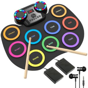 rocksocki electronic drum set 9pads with led lights, bluetooth portable electronic drum kit, roll-up practice drum pad, built-in dual speakers, headphone, holiday birthday gift for kids adults