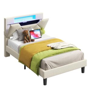 anctor twin bed frame with storage headboard and charging station, led lights upholstered platform bed, heavy duty steel support legs, easy assembly, noise free, beige