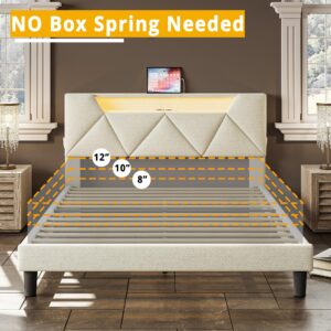 ANCTOR Twin Bed Frame with Storage Headboard and Charging Station, LED Lights Upholstered Platform Bed, Heavy Duty Steel Support Legs, Easy Assembly, Noise Free, Beige