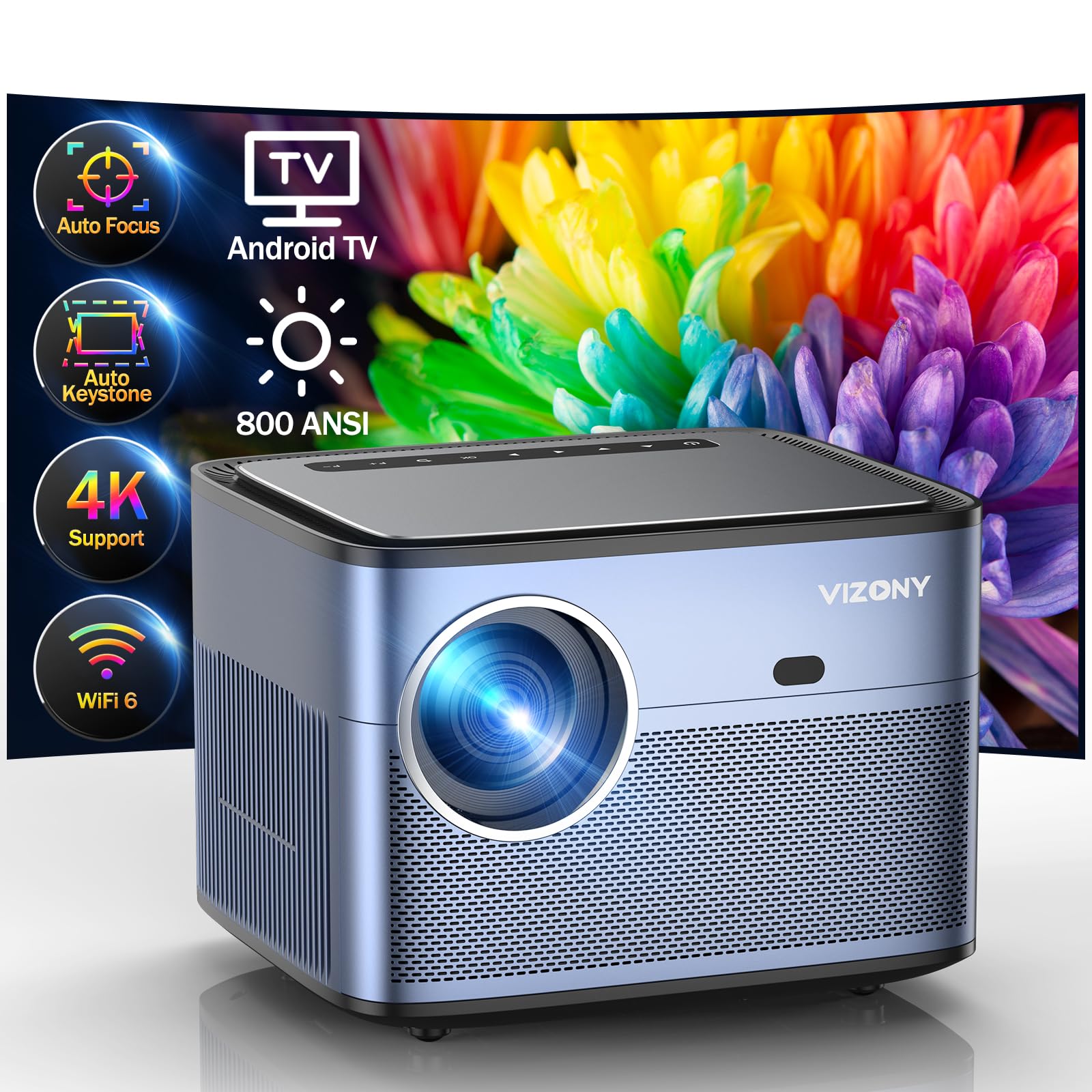 Android TV Projector 1920 x 1080P with Netflix Built in, VIZONY 800ANSI 5G WiFi Bluetooth Outdoor Projector, FHD Home Movie Projector with 4P4D/Zoom/PPT Compatible Phone/Laptop, 8000+ Apps