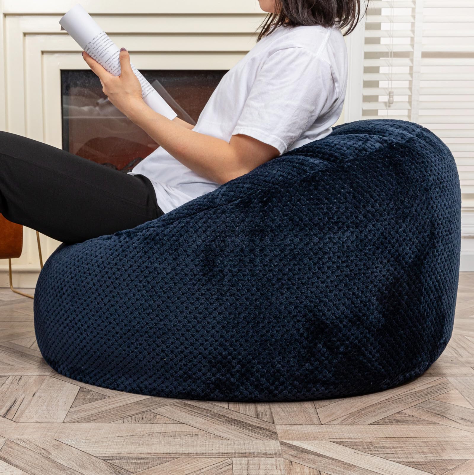 Bean Bag Chairs Cover (No Filler) Soft Washable Plush Fiber Adult Beanbag Chair Fuzzy Fur Cover Without Filling (Navy Blue Bean Bag Cover)