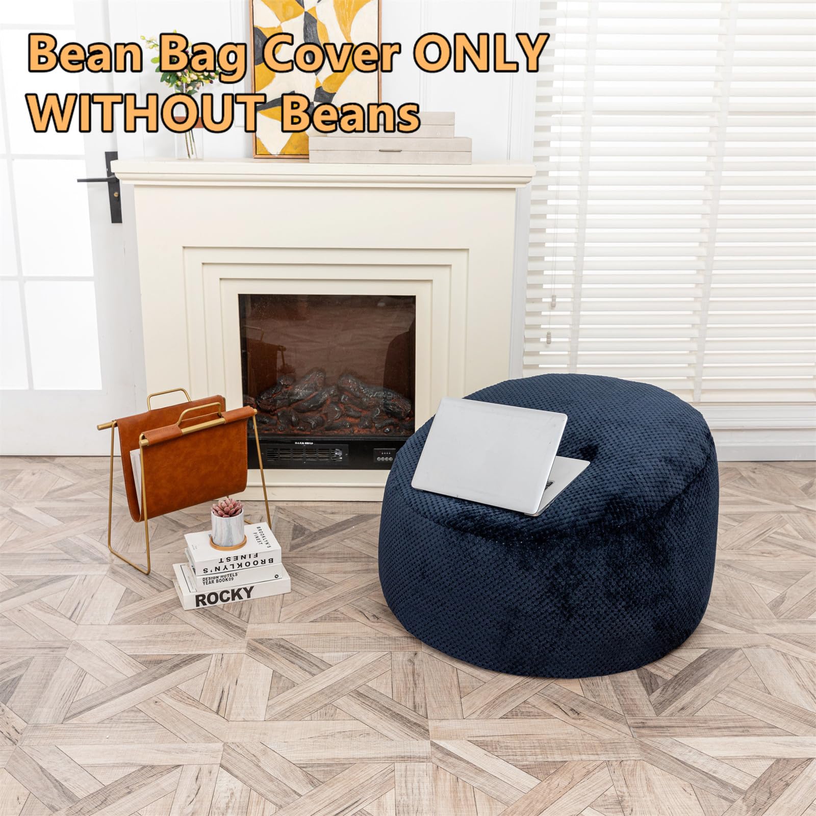 Bean Bag Chairs Cover (No Filler) Soft Washable Plush Fiber Adult Beanbag Chair Fuzzy Fur Cover Without Filling (Navy Blue Bean Bag Cover)