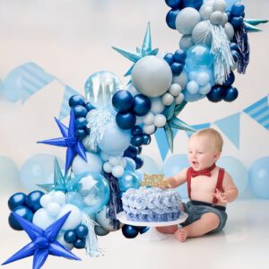 Blue Balloons Garland Arch Kit, 112 Packs Blue Mixed Balloons with Explosion Star Foil Balloons 18 12 10 5 Inch for Birthday Wedding Baby Shower Decorations Graduation Ceremony Supplies