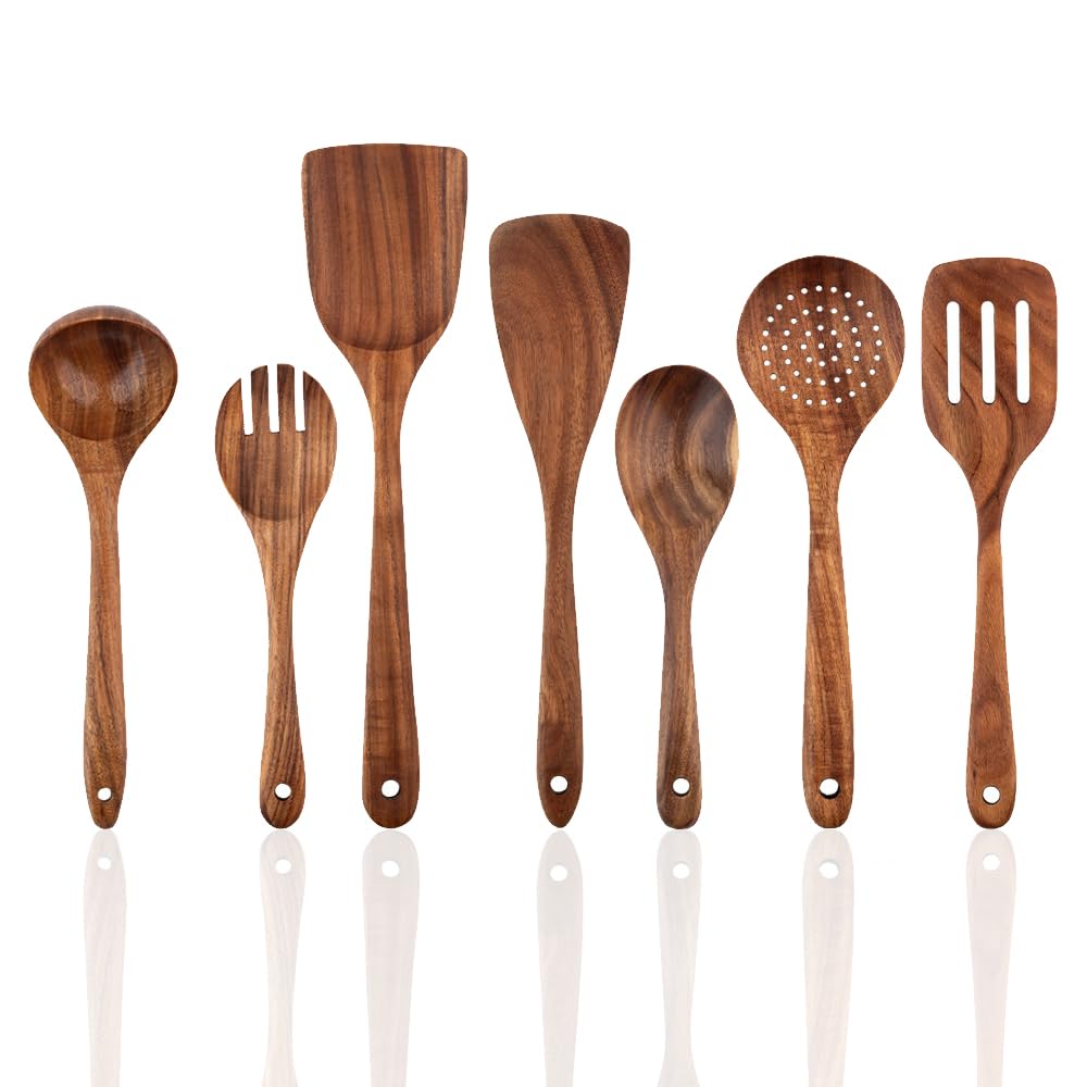 YOVAIN High-end Kitchenware Set, Natural acacia Wood Kitchenware Set Spatula, Colander, salad spoon, soup spoon, salad fork, three-wire spatula, large wooden spatula. Paint free household kitchenware