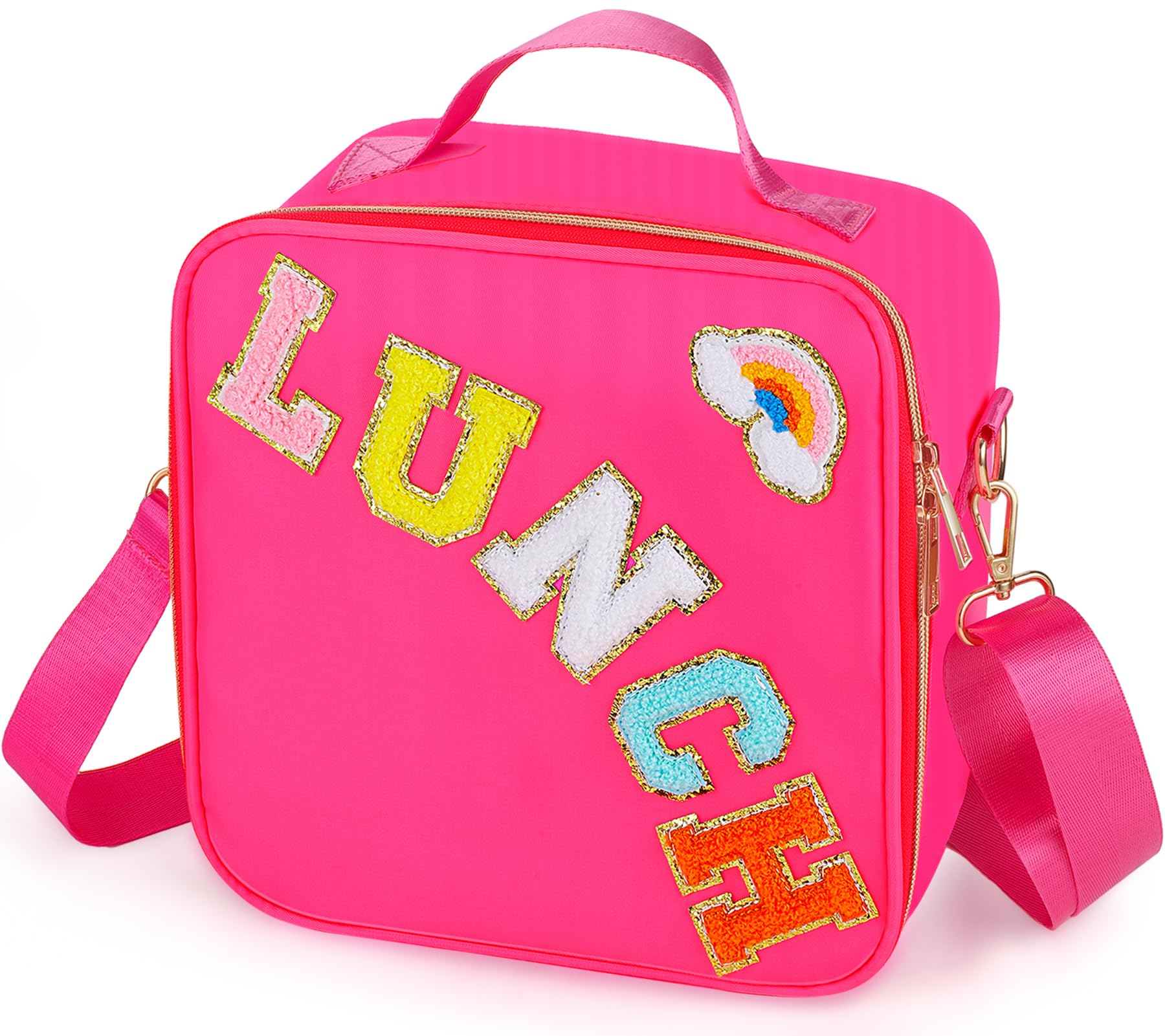 URSKYTOUS Insulated Lunch Bag for Women Girl Kid Teen Preppy Large Thermal Freezable Lunch Box Cute Hot Pink Big Reusable Kawaii Waterproof Lunch Tote Cooler Bag with Chenille Letter for School Office