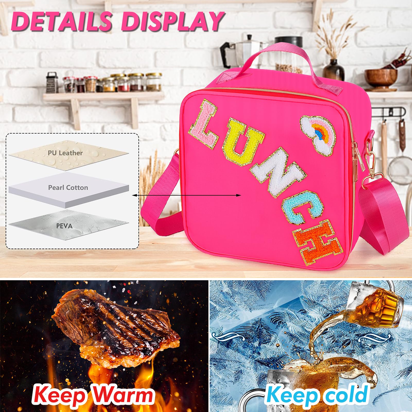 URSKYTOUS Insulated Lunch Bag for Women Girl Kid Teen Preppy Large Thermal Freezable Lunch Box Cute Hot Pink Big Reusable Kawaii Waterproof Lunch Tote Cooler Bag with Chenille Letter for School Office