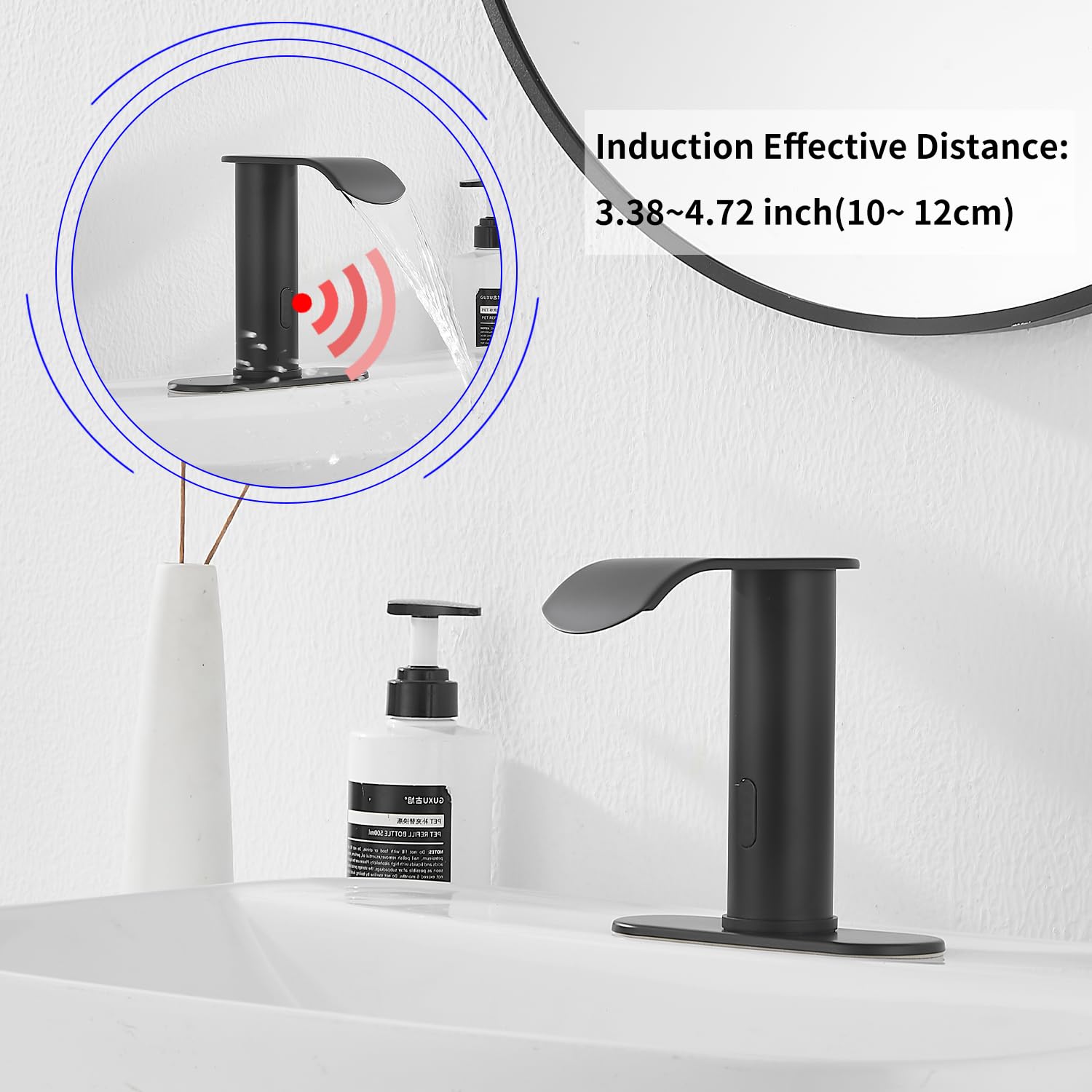 GGStudy Matte Black Automatic Sensor Touchless Bathroom Sink Faucet with Cover Plate Vanity Faucets Hands Free Waterfall Bathroom Water Tap