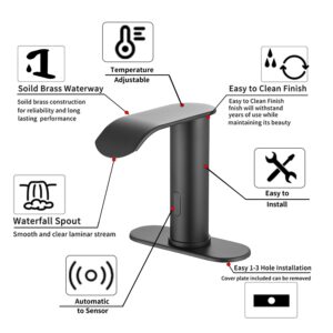 GGStudy Matte Black Automatic Sensor Touchless Bathroom Sink Faucet with Cover Plate Vanity Faucets Hands Free Waterfall Bathroom Water Tap