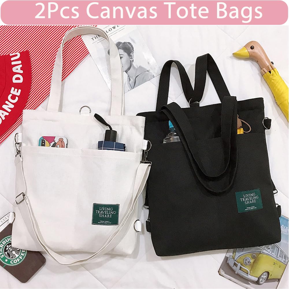 Canvas Tote Bags 2 Pcs Cute Shoulder Bags with Inner Pocket for Women, Multi-Purpose Reusable Canvas Bags Use For Grocery Bags,Shopping Bags,Gym,DIY Gift Bags