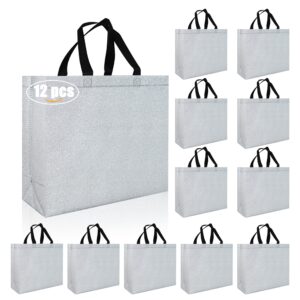 CHENGBAI TOTE Silver Reusable Gift Bags 12 Pcs, Holiday glitter bag Bulk with Base, Flashing Non Woven Gift Bags for Gift Wrapping, Birthdays, Weddings, Party, Christmas