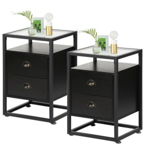 VECELO Nightstand,Glass Side End Table with Drawer and Shelf for Living Room,Bedroom,Lounge, 2PCS, Black