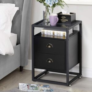 VECELO Nightstand,Glass Side End Table with Drawer and Shelf for Living Room,Bedroom,Lounge, 2PCS, Black