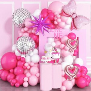 Princess Pink Balloon Garland Arch Kit, Hot Pink 4D Bow Heart Silver Disco Ball Balloons for Girls Women Birthday Wedding Bridal Baby Shower Princess Doll Theme Party Decorations