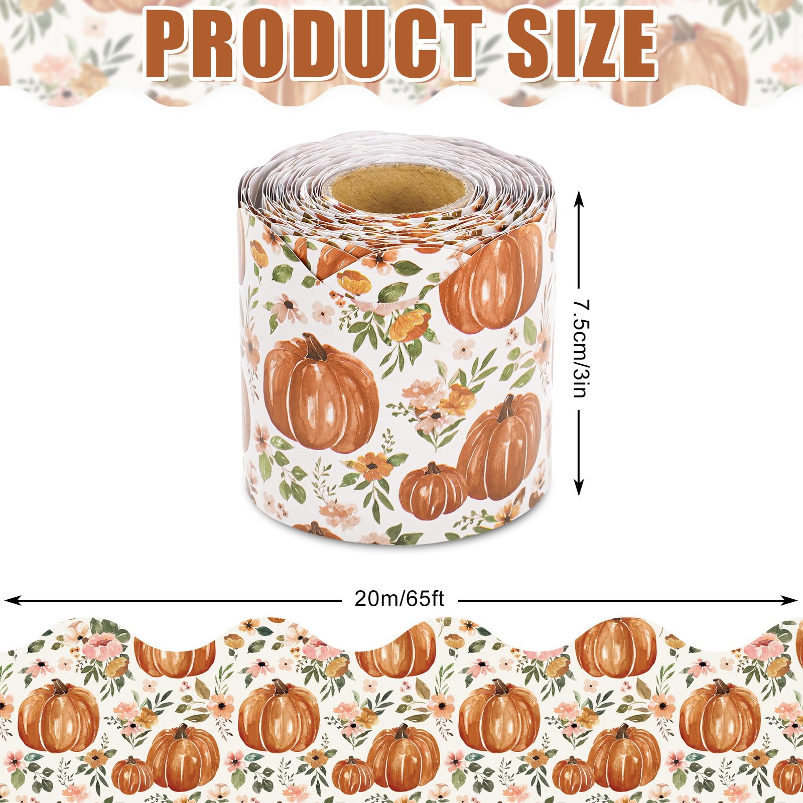 AnyDesign 65Ft Boho Floral Pumpkin Bulletin Board Border Watercolor Fall Autumn Flower Pumpkin Die Cut Trim Border for Classroom Chalkboard School