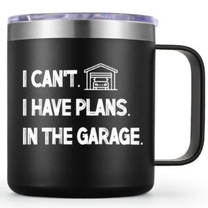 liqcool birthday gifts for men, i can't i have plans in the garage 12 oz insulated coffee mug, mens birthday gift ideas, christmas birthday father's day gifts for men husband friends (black)
