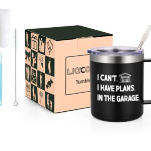 LiqCool Birthday Gifts for Men, I Can't I Have Plans in The Garage 12 Oz Insulated Coffee Mug, Mens Birthday Gift ideas, Christmas Birthday Father's Day Gifts for Men Husband Friends (Black)