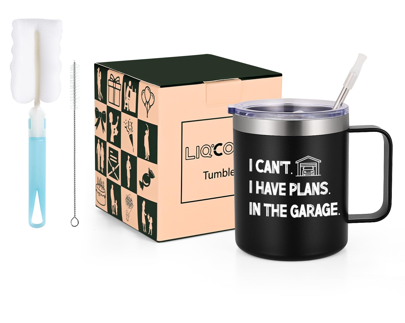 LiqCool Birthday Gifts for Men, I Can't I Have Plans in The Garage 12 Oz Insulated Coffee Mug, Mens Birthday Gift ideas, Christmas Birthday Father's Day Gifts for Men Husband Friends (Black)