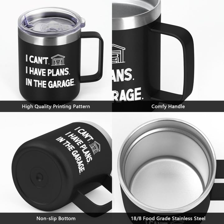 LiqCool Birthday Gifts for Men, I Can't I Have Plans in The Garage 12 Oz Insulated Coffee Mug, Mens Birthday Gift ideas, Christmas Birthday Father's Day Gifts for Men Husband Friends (Black)