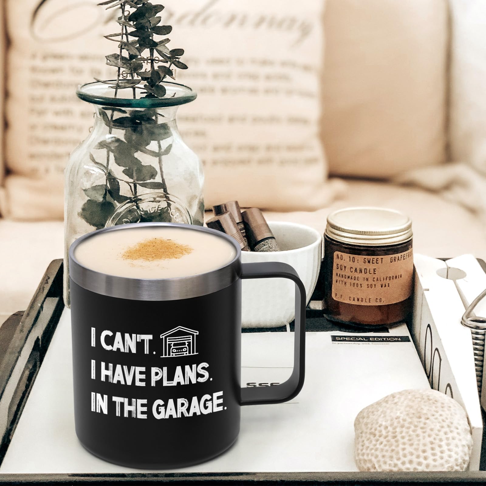 LiqCool Birthday Gifts for Men, I Can't I Have Plans in The Garage 12 Oz Insulated Coffee Mug, Mens Birthday Gift ideas, Christmas Birthday Father's Day Gifts for Men Husband Friends (Black)