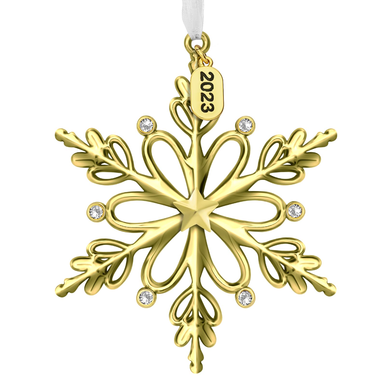 West style 2023 Golden Christmas Tree Ornaments Set 3 Pieces –Metallic Snowflake Hanging Home Deco Hanging Pendant Holiday Keepsake Gift (3 Pcs Set, Golden)