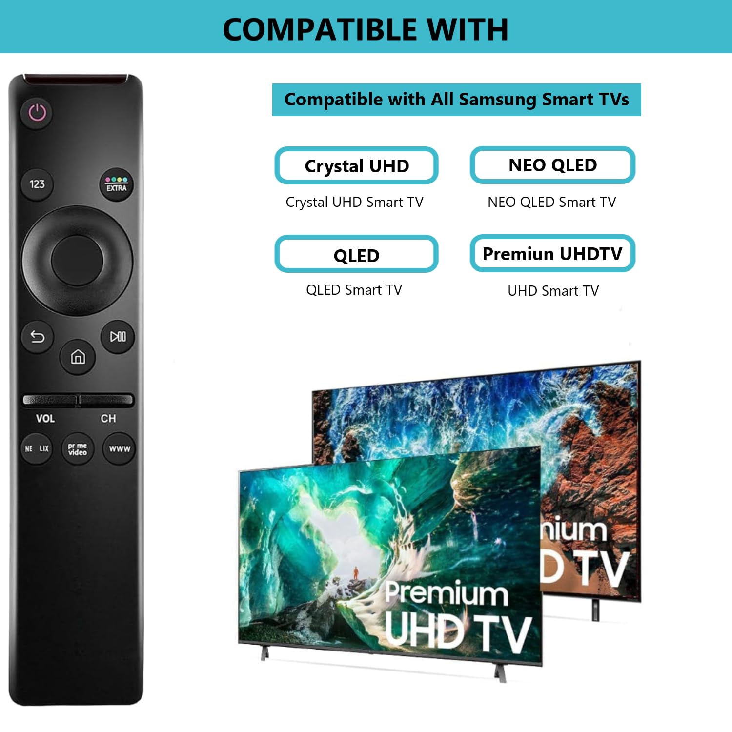 [Pack of 2] Universal Remote Control Compatible for All Samsung TV LED QLED UHD SUHD HDR LCD Frame Curved Solar HDTV 4K 8K 3D Smart TVs, with Buttons for Netflix, Prime Video, WWW