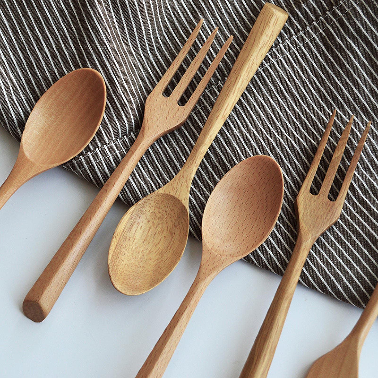 zoci Triangular Handle Wooden Spoon Fork Set Dessert Wooden Spoon Wooden Fork Portable Spoon Fork