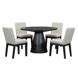 Merax 5-Piece Round Dining Table Set with 4 Upholstered Chairs, Retro Style Kitchen Dining Table for Dining Room, Kitchen Furniture Set for Family (Black)