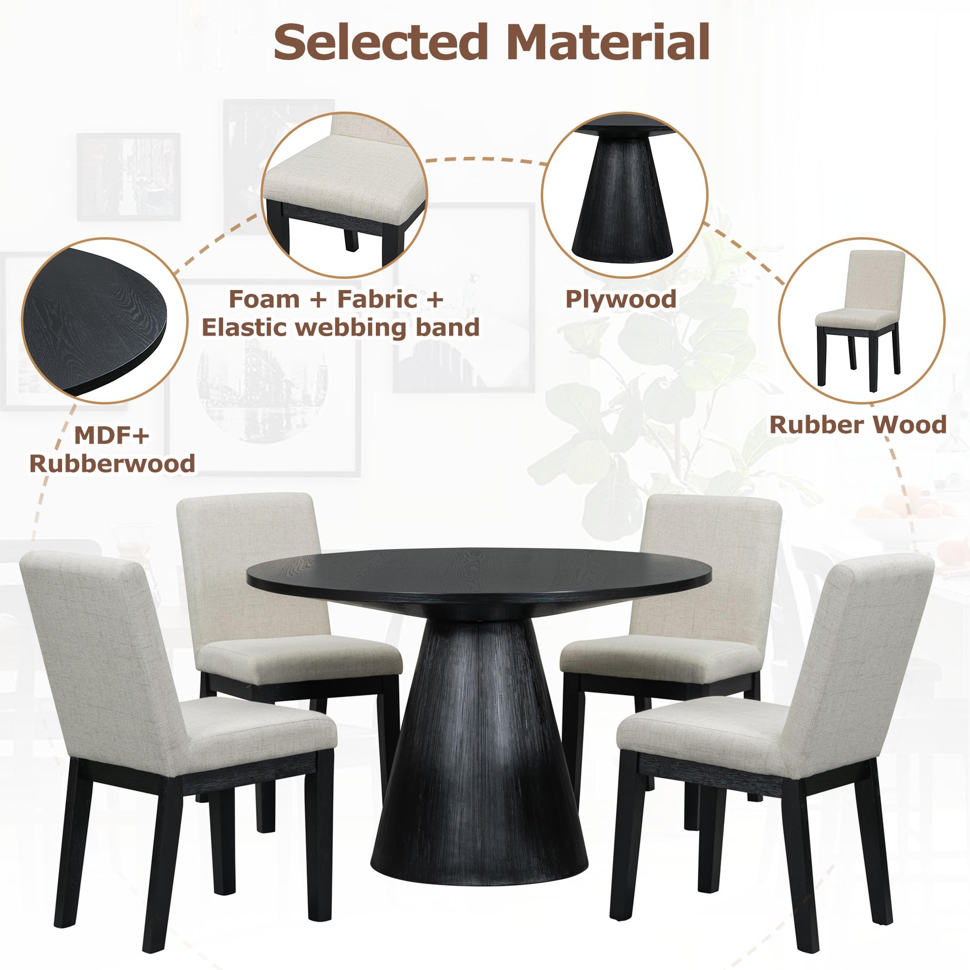 Merax 5-Piece Round Dining Table Set with 4 Upholstered Chairs, Retro Style Kitchen Dining Table for Dining Room, Kitchen Furniture Set for Family (Black)