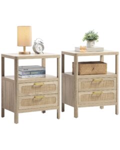 sheepping rattan nightstands set of 2 - bedside tables with 2 pe rattan drawers, boho night stand with open wood shelf, farmhouse bed side table/end table for bedroom living room, natural, 25.5" h