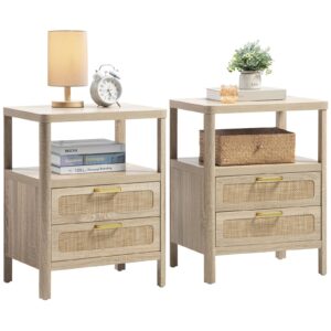 SHEEPPING Rattan Nightstands Set of 2 - Bedside Tables with 2 PE Rattan Drawers, Boho Night Stand with Open Wood Shelf, Farmhouse Bed Side Table/End Table for Bedroom Living Room, Natural, 25.5" H