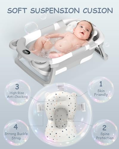 ieBabay Foldable Baby Bathtub Collapsible Bath tub for Newborn to Toddler with Soft Bath Cusion,Portable Travel Bathtub with Drain Hole,Easy to Store（Grey)