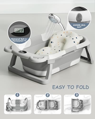 ieBabay Foldable Baby Bathtub Collapsible Bath tub for Newborn to Toddler with Soft Bath Cusion,Portable Travel Bathtub with Drain Hole,Easy to Store（Grey)