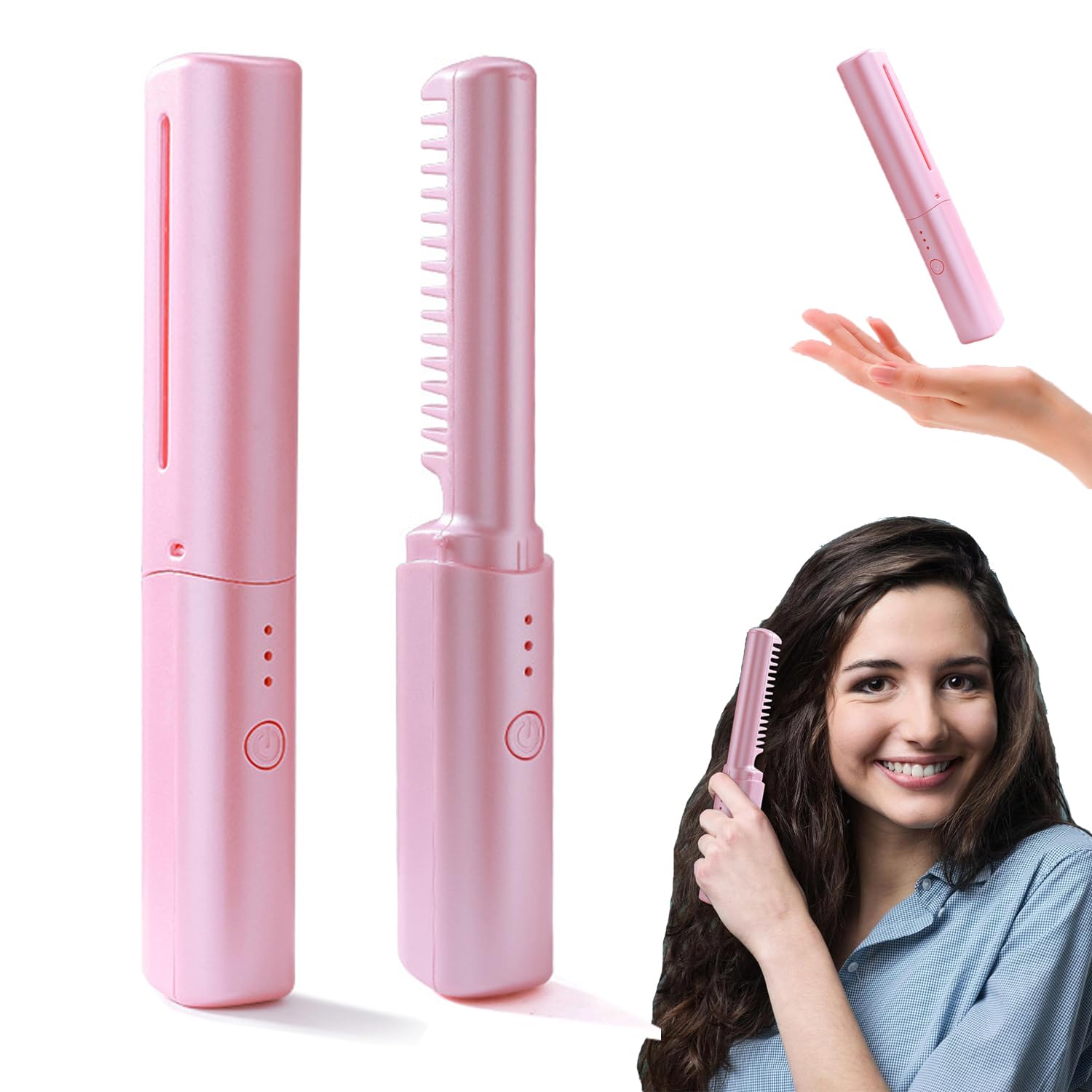 2023 New Rechargeable Mini Hair Straightener, Rechargeable Cordless Curling Iron, Portable Cordless Hair Straightener, Three Temperature Adjustments Flat Iron (Pink)