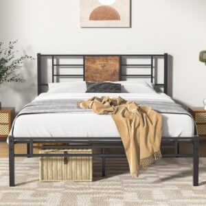 vecelo queen size bed frame with headboard, heavy-duty platform with steel slats support, no box spring needed/easy assembly, matte black & brown